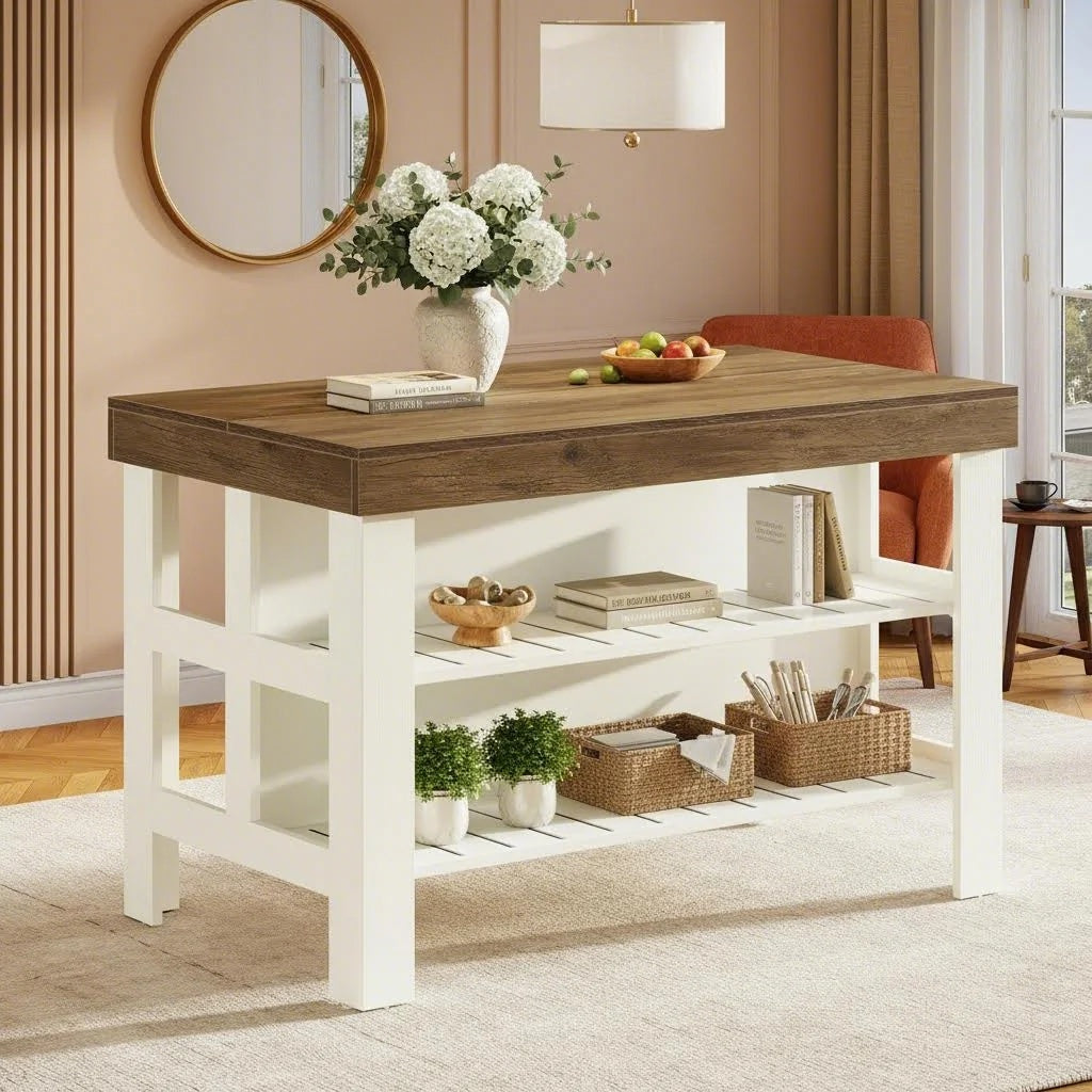 Modern Farmhouse Kitchen Island with Seating & Breakfast Counter - 55.1-Inch & Engineered Wood Island Table Suitable for Kitchen Dining Room, Open Shelving, Counter-Height Table, Space-Saving