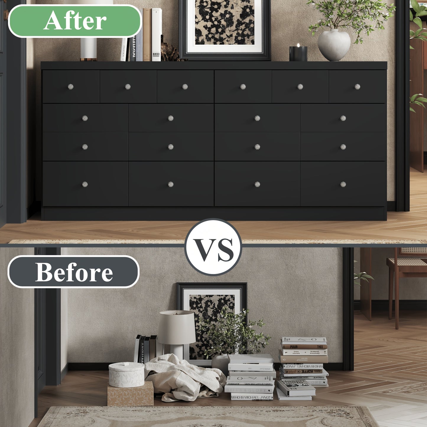 6-Drawer Wide Dresser with Extra Deep Drawers - Wide Cabinet Suitable for, Hallway, TV Stand | Modern 6-Drawer Storage Unit with Deep Drawers | Black/White | MDF & (Assembly Required)