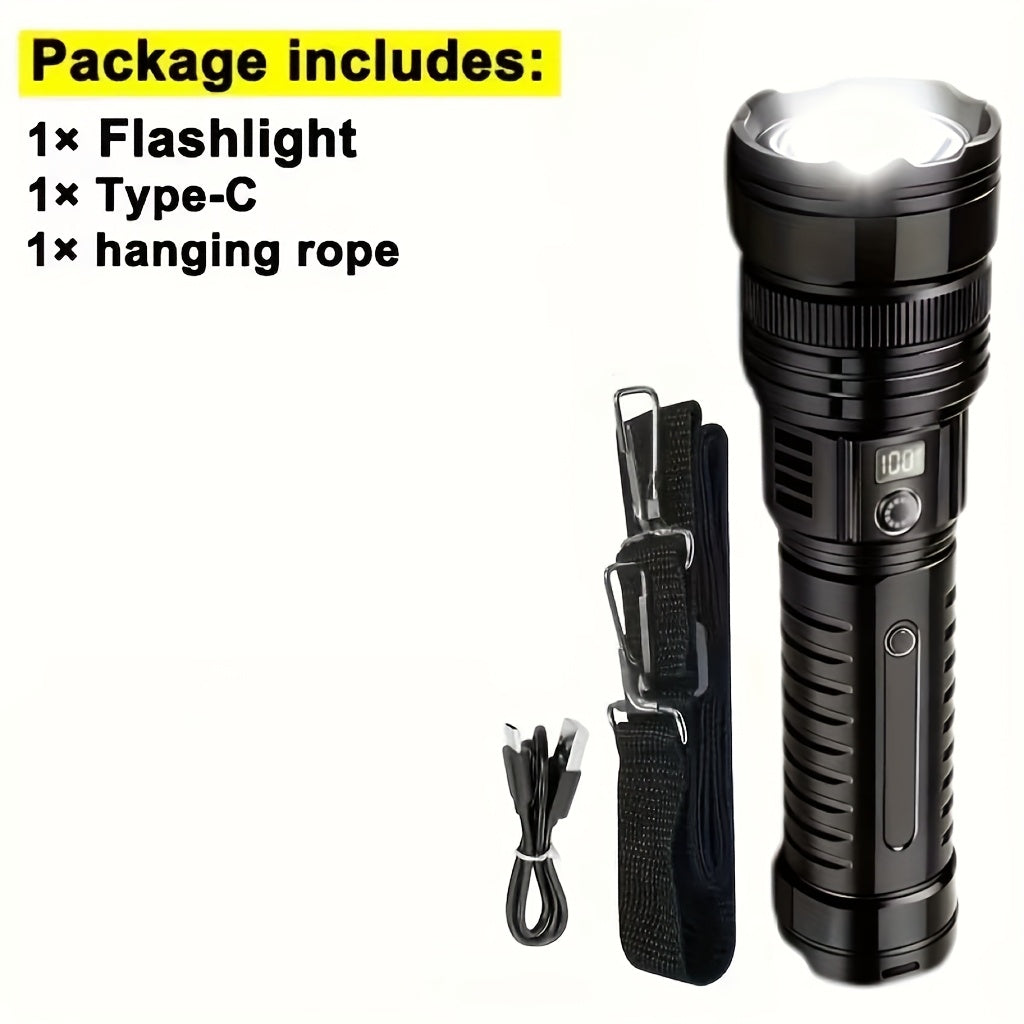 Tactical Rechargeable LED Flashlight with COB Light - Long-Range Spotlight, -C Fast Charging, - Power Bank, Durable IP-like Black Cylindrical Design & Cable Included for Camping, Emergency, Outdoor, Headlamp (Type-C Charging