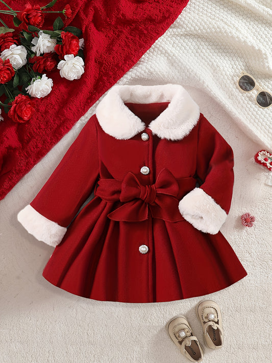 Baby Girl Winter Fleece Jacket & Coat with Plush Bow Lapel Collar - Soft Warm Red Snowsuit, Versatile Casual Outfit for School Season, Cute Small Gift for Infants