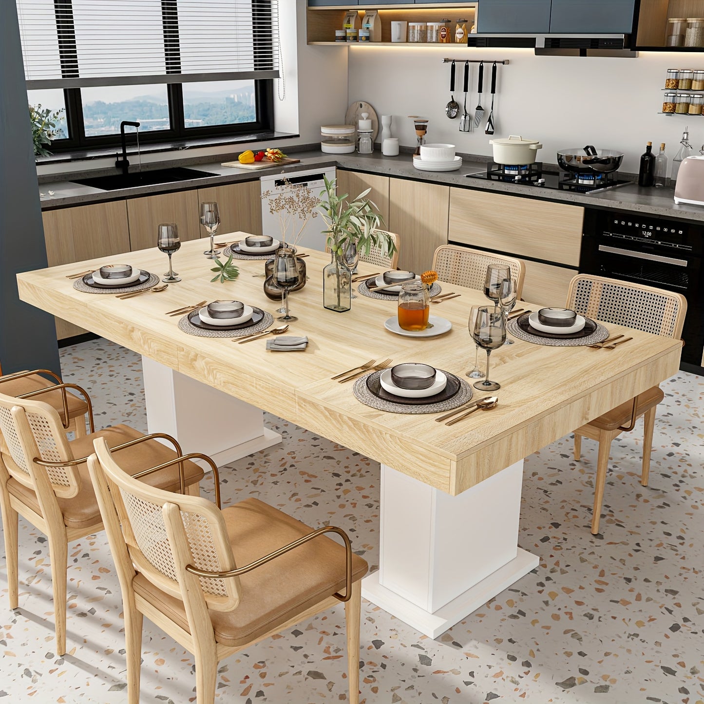 78.7'' W Large Wooden Dining Table | Heavy Duty Metal Frame, Rectangular, Wooden Grain Top, Easy To Assemble, White Base, Rustic Style, Hardwood Material, Brand: FUFU&GAGA
