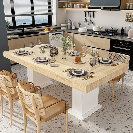 78.7'' W Large Wooden Dining Table | Heavy Duty Metal Frame, Rectangular, Wooden Grain Top, Easy To Assemble, White Base, Rustic Style, Hardwood Material, Brand: FUFU&GAGA