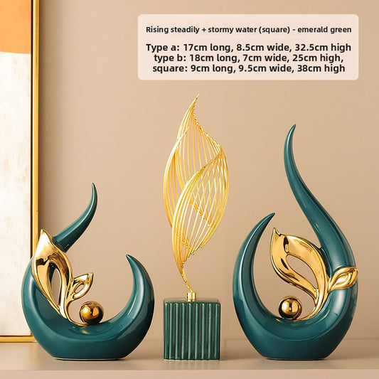 Luxurious High-End Ceramic Persimmon Ornament - Elegant Golden & Teal Green Leaf Design