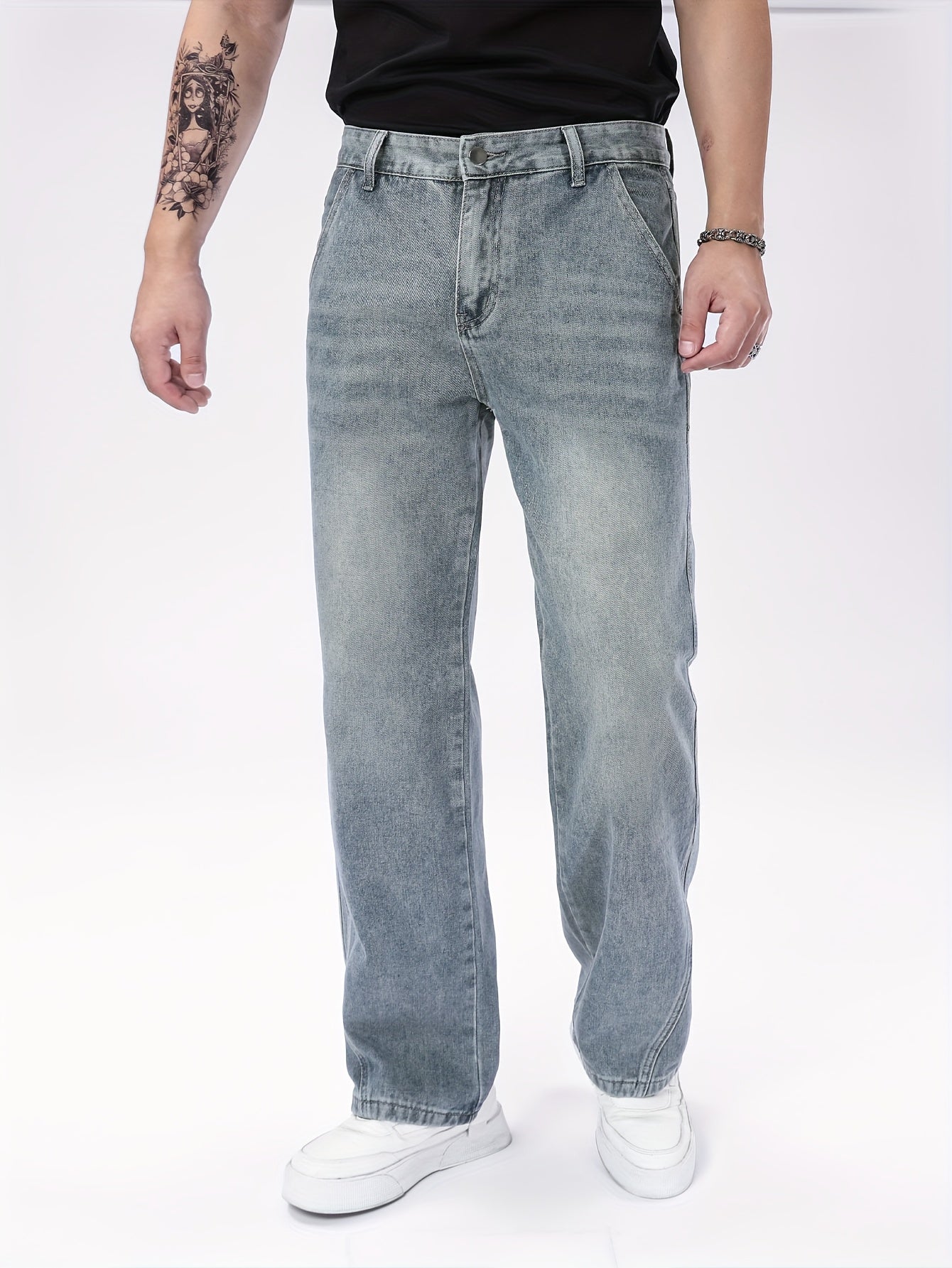 Men's Heavyweight 100% Denim Straight-Leg Jeans - Light Wash Vintage Look, All-Season Comfort, Classic Five-Pocket Design (Kangaroo Pocket & Cuffed Hem) - Casual & Formal Wear, Machine Washable - Navy Blue Bicycle Style Trous