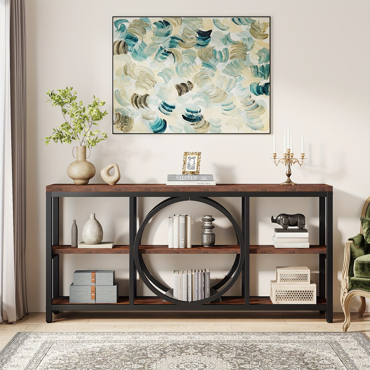 LITTLE TREE 70.9 inch Sofa Console Table, Extra Long Narrow Entryway Tables with 3 Tier Wood Storage Shelves Metal Frame for Foyer Hallway Living Room Behind Couch