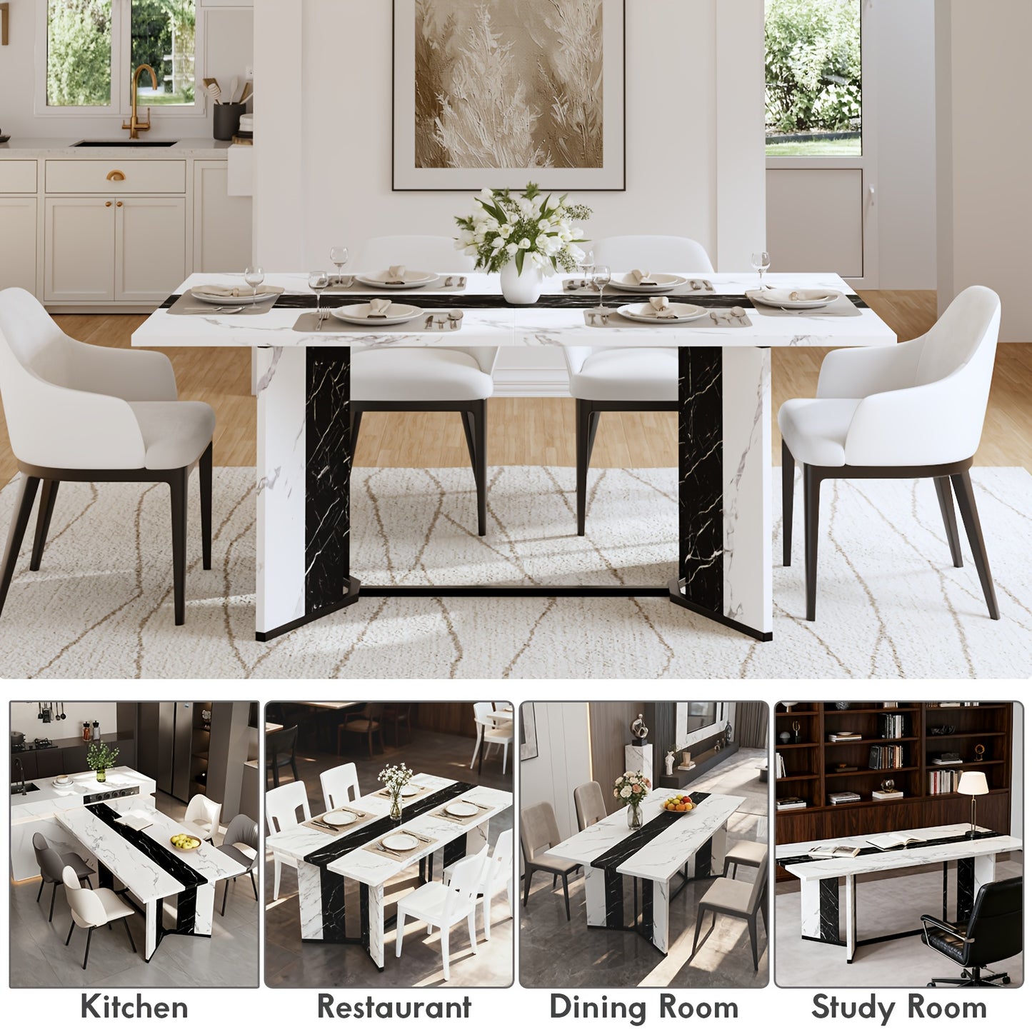 70.9" Large Modern Farmhouse Dining Table for 6-8 People - Heavy-Duty Rectangular Kitchen Table with Triangular Steel Base, Spacious Surface & Easy Assembly, Durable MDF/Plastic/Wood Construction, Ideal for Family Dinners & E