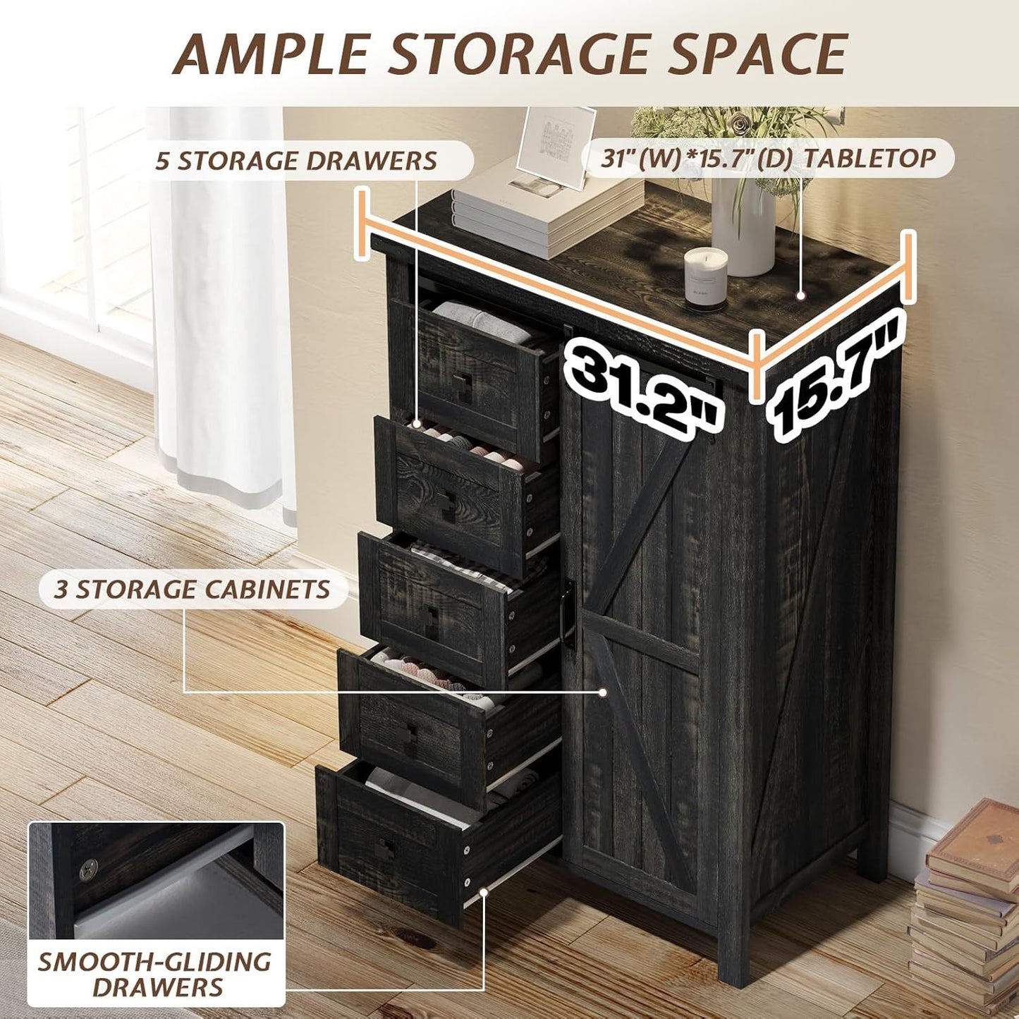 LUXOAK Farmhouse 5-Drawer Dresser with Sliding Barn Door& Storage Cabinet for Bedroom- Rustic Storage Solution