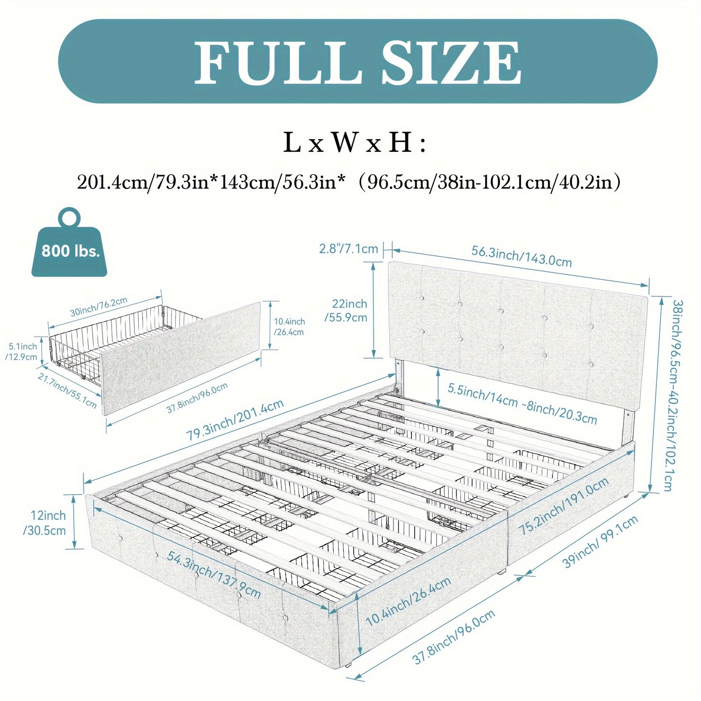 HOOMIC Full/Queen/King Size Platform Bed Frame with 4 Storage Drawers & Adjustable Headboard - Contemporary Square Stitched Button Tufted Design, Noise-Free Wooden Slats, No Box Spring Needed, Easy Assembly, Recycled Wood & M