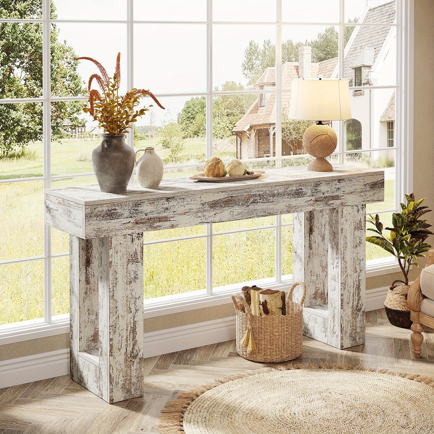 63" Farmhouse Console Table, Natural Wooden Sofa Table Rectangular Accent Console for Entryway, Hallway & Living Room (Distressed White)