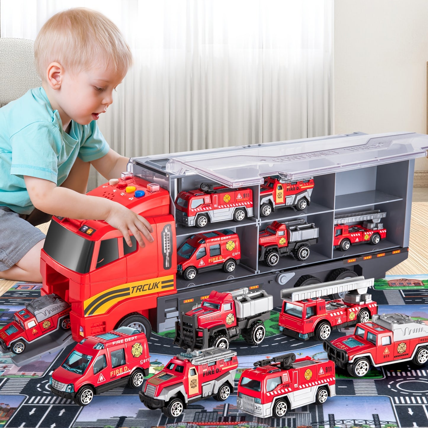 Die-Cast Metal Fire Truck Toy Set with Play Mat - Red & Black Carrier Truck, 4 Fire Engines, 2 Ladder Trucks, and 2 Rescue Vehicles - Perfect Christmas or Birthday Gift for Boys & Girls Ages 3-6, Fire Truck Toy, Playful Desig