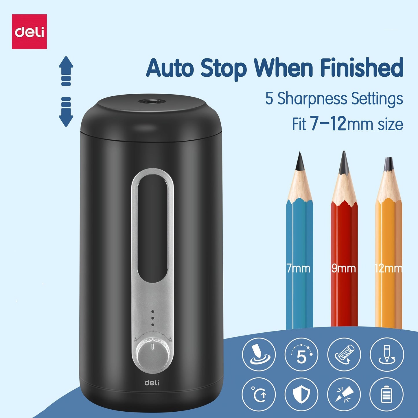 Halloween Gifts Deli Electric Pencil Sharpeners, 5 Sharpening Settings for 7-12Mm Pencils, Auto Stop, USB And Battery, Heavy Duty Sharpeners for Home And Office, Black