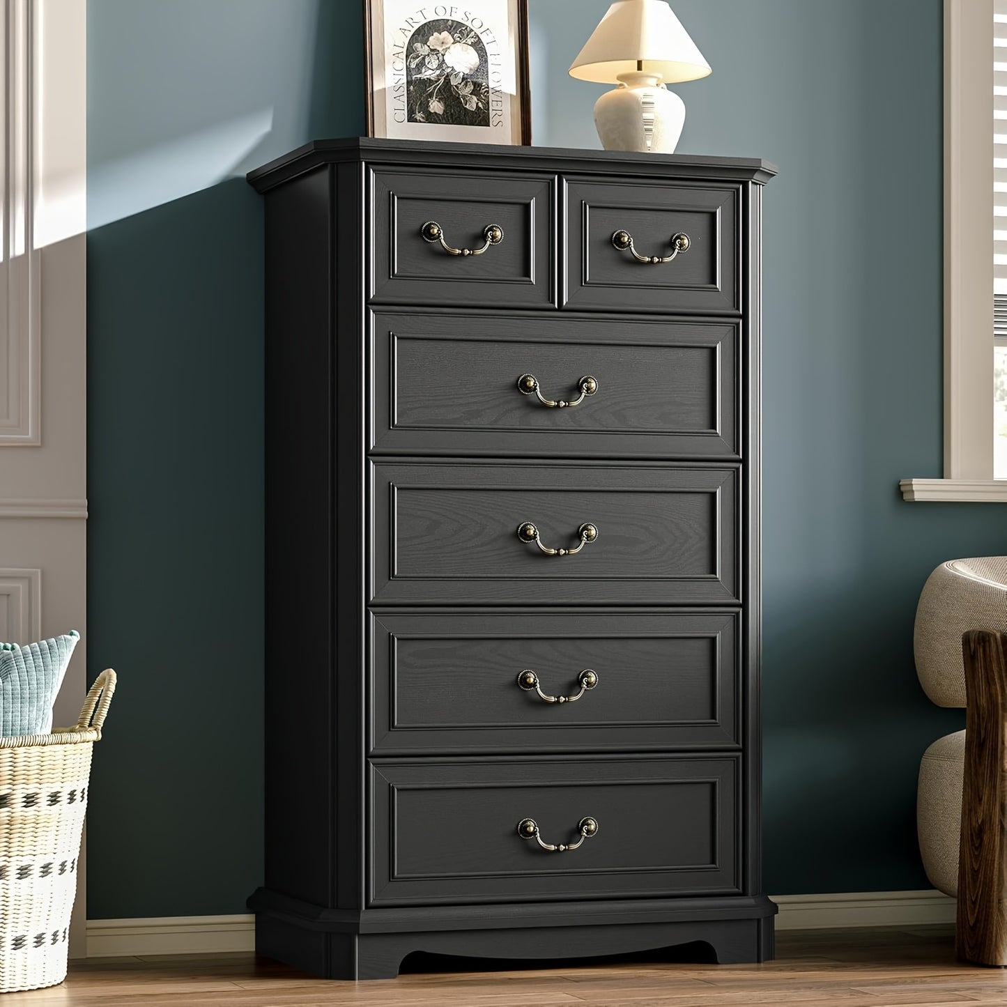 6-Drawer Vintage Dresser - Tall -Standing Chest of Drawers Suitable for Bedroom, Living Room, Hallway - & MDF, Space-Saving Vertical, Furniture Piece with Ample Organization Space