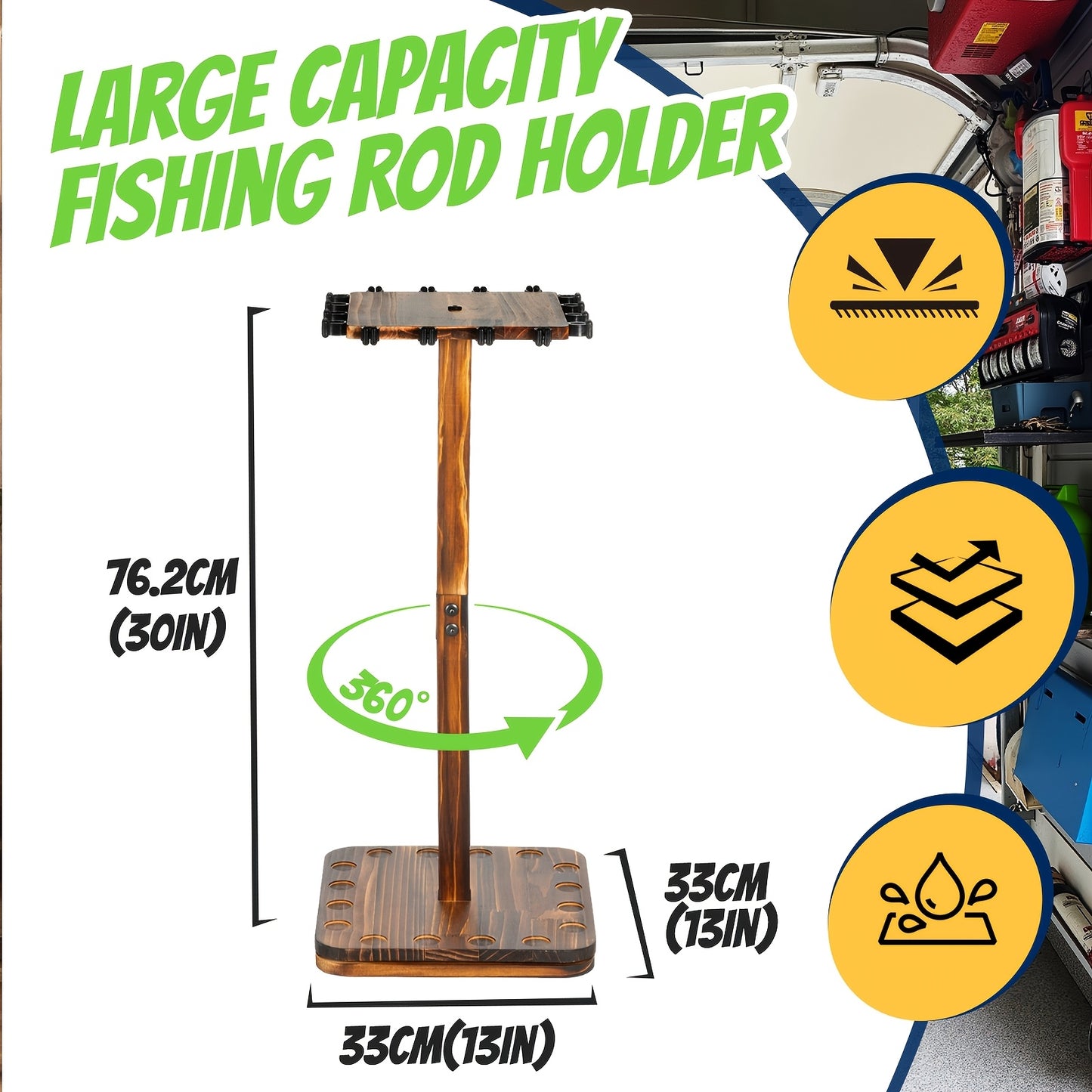ATRURAL NEW Style 360° Rotating Wooden Rod Rack Fits 16 Fishing Poles | Garage Space-Saving Fishing Organizer Gifts for Men And Women