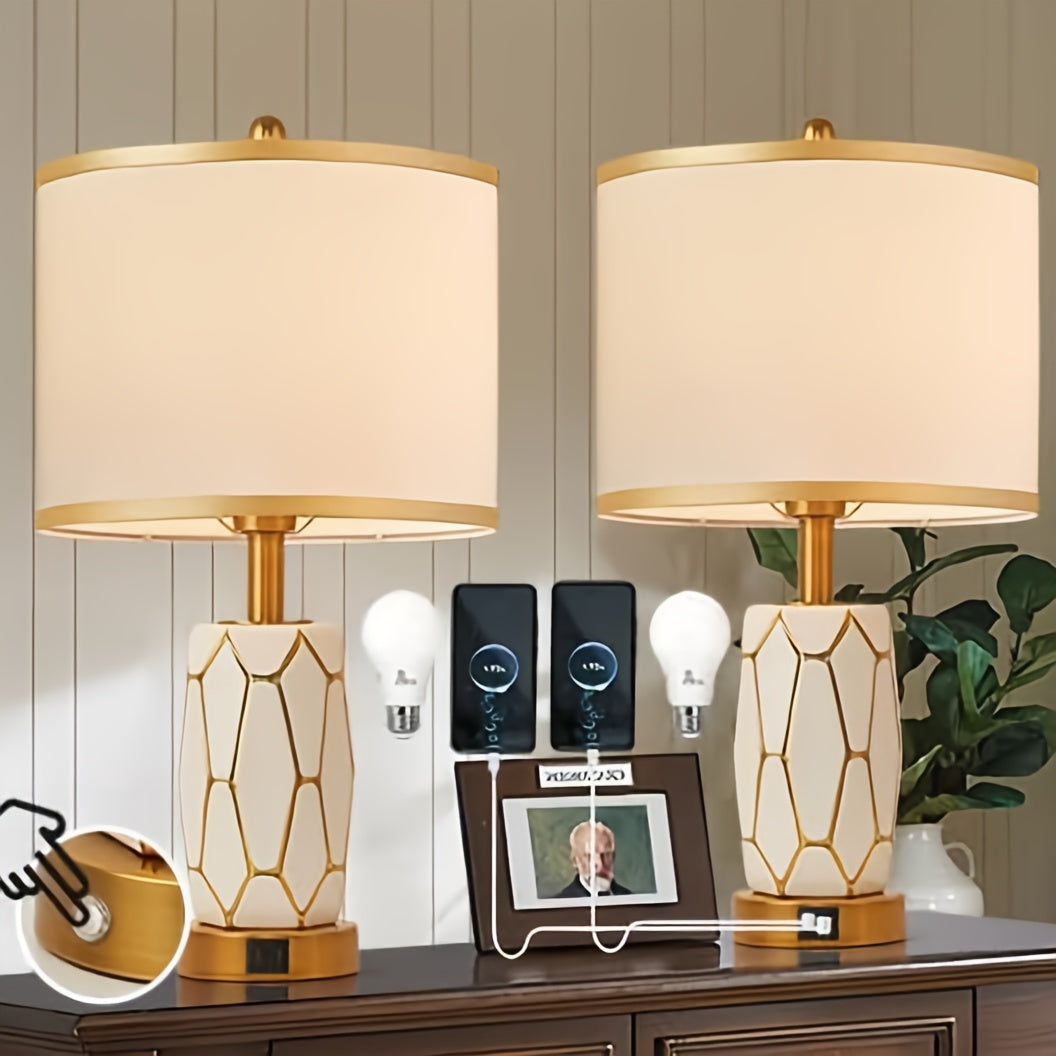 2 Touch Desk Lamps In The Bedroom, Living Room, Modern Ceramic Desk Lamp With USB Port, Bedside Bedside Bedside Lamp With Fabric Drum Lampshade, Including 2 Light Bulbs