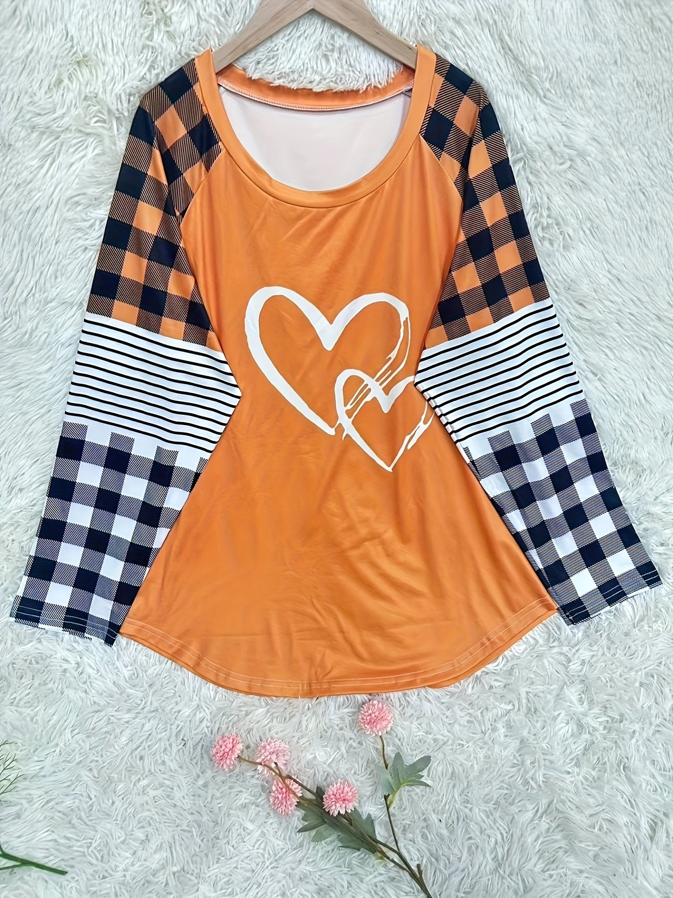 Plus Size - Plus Size - A Women'S Casual Long-Sleeve T-Shirt Featuring a Heart-Shaped Design, Made from Fabric, with a Round Neck Style, Part of The Autumn And Winter Collection, Available in Large Loose Sizes from 0XL to 9XL
