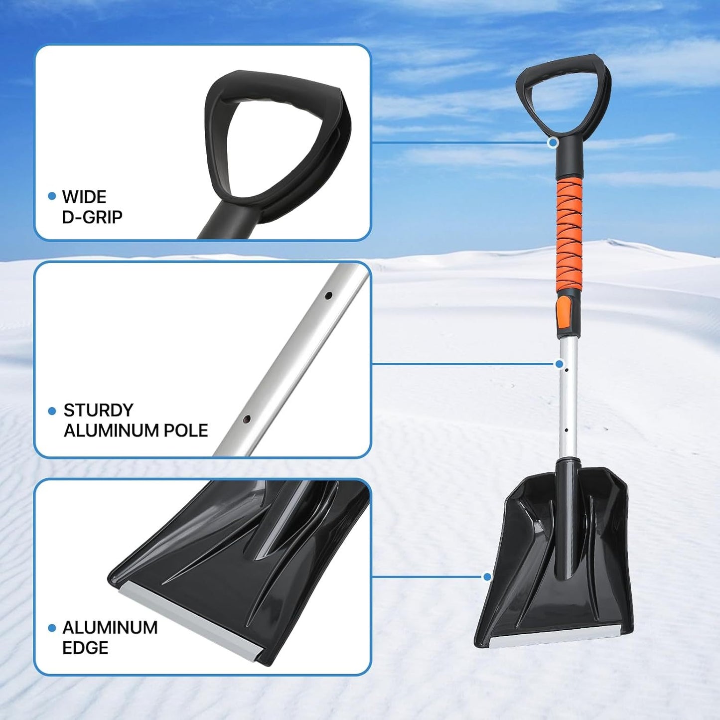 Vivicreate Extendable Snow Brush for Car Emergency, Ice Scrapers for Car Windshield Combo Kit with 270° Pivoting Head, 5-in-1 Snow Removal Tool with Snow Shovel Snow Scraper for Car, Truck, SUV, Winter Car Kit，Car Emergenc