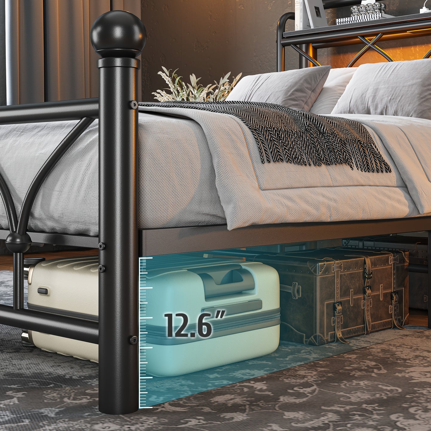 Metal Bed Frame With LED Lights, Twin/Full/Queen/King Size Bed Frame With Headboard, Heavy Duty Sturdy Mattress Foundation With Storage Space, Strong Metal Slats Support, Noise Free, No Box Spring Needed, Black
