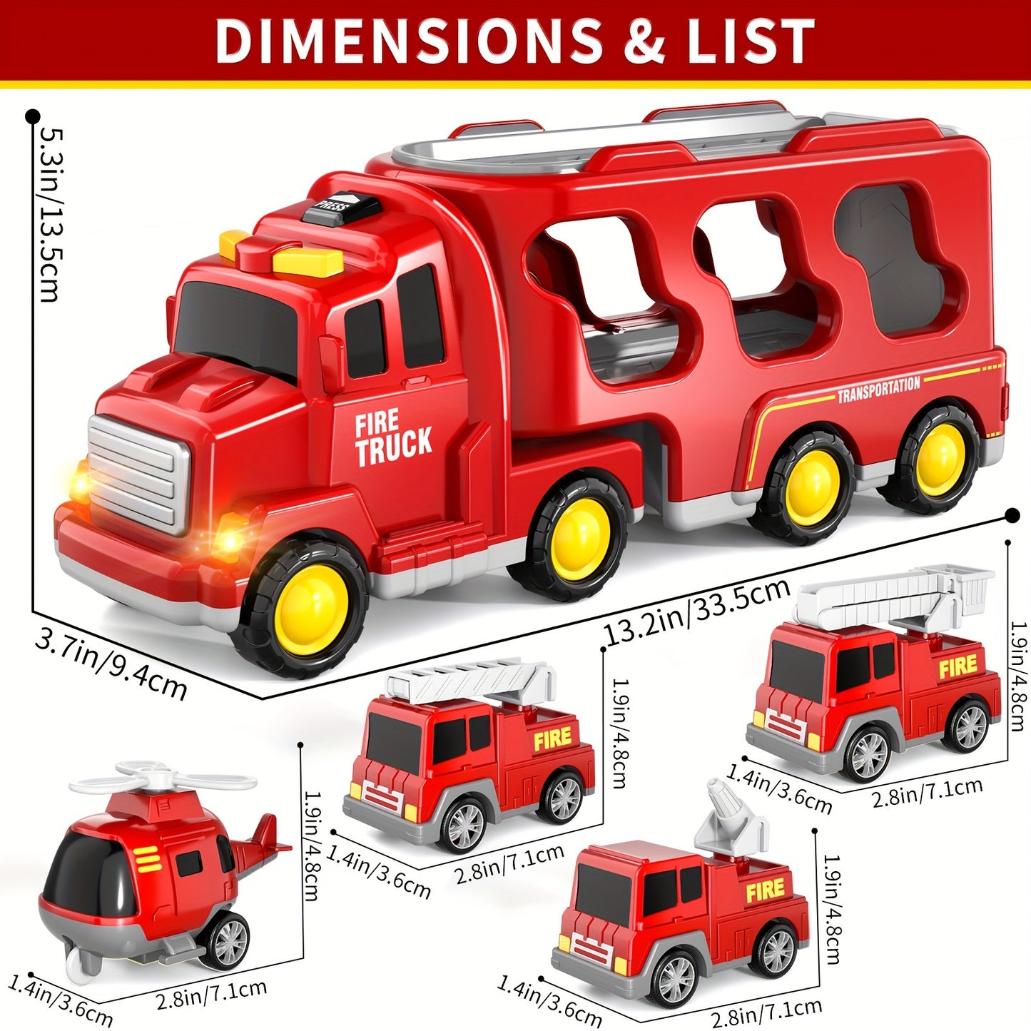 Fire Truck Toys for 3 4 5 Boys Toddlers, 5in 1 Kids Carrier Fire Trucks Cars for Boy Toys Birthday, Car Trucks Friction Power Toys with Light Sound