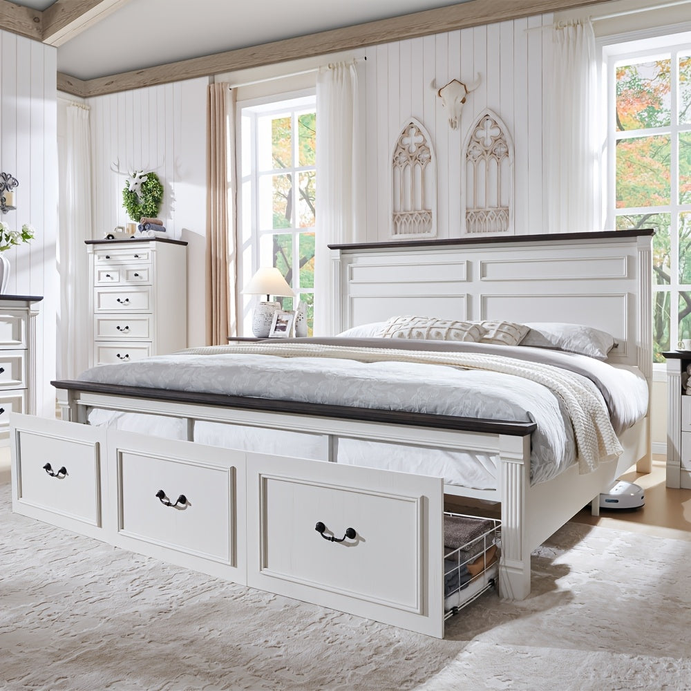 Farmhouse King Size Bed Frame with 51" Tall Headboard, Wood Platform Bed Frame with 20" Tall Roman Column Decoration Footboard & 3 Large Storage Drawers, No Box Spring Needed