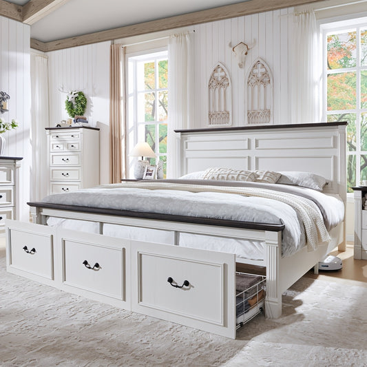 Farmhouse King Size Bed Frame with 51" Tall Headboard, Wood Platform Bed Frame with 20" Tall Roman Column Decoration Footboard & 3 Large Storage Drawers, No Box Spring Needed