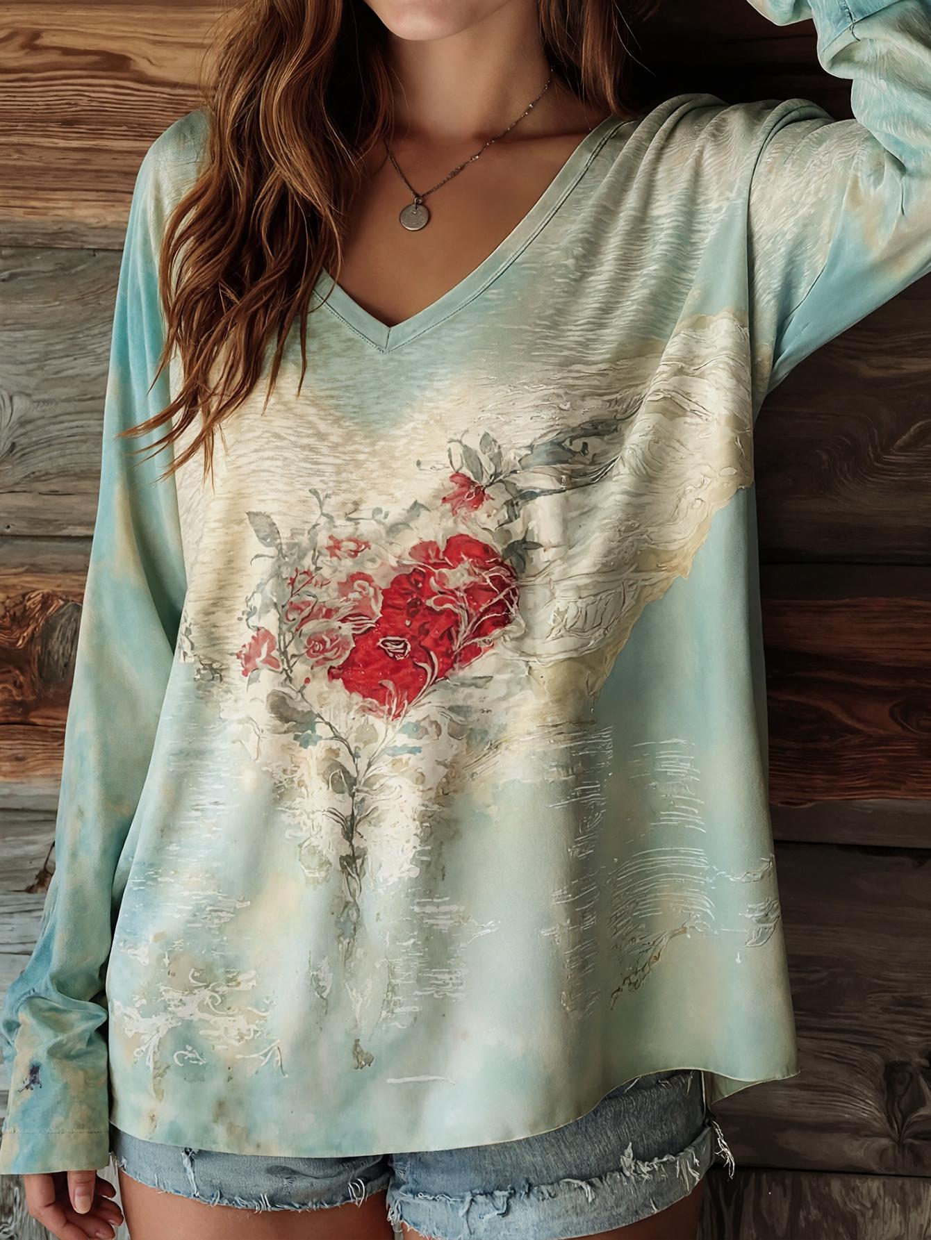Plus Size, Fall/Winter Women's Casual Retro Style Long-Sleeved T-Shirt with Flower and Heart Print V-Neck and Unique Design Large Size Women's Top