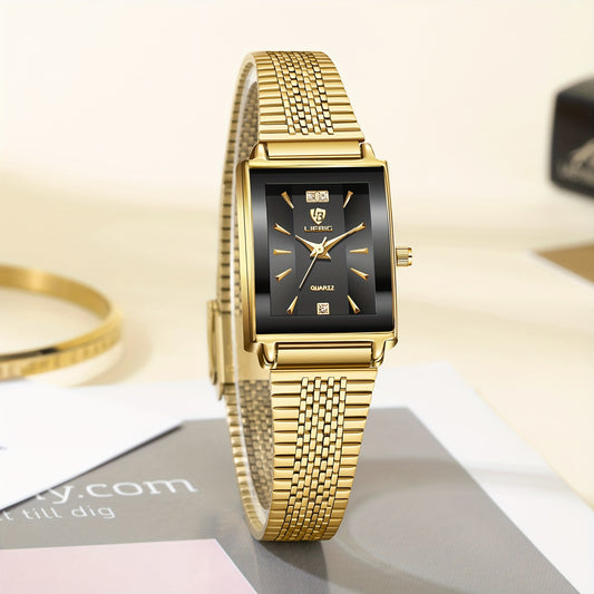 LIEBIG Luxury Women's Watch - Elegant Square Black Dial with Golden Markers, Adjustable Stainless Steel Band, Night Light & Quartz Movement, Perfect for Office & Special Occasions (Birthday/Anniversary Gift), Formal Accessory