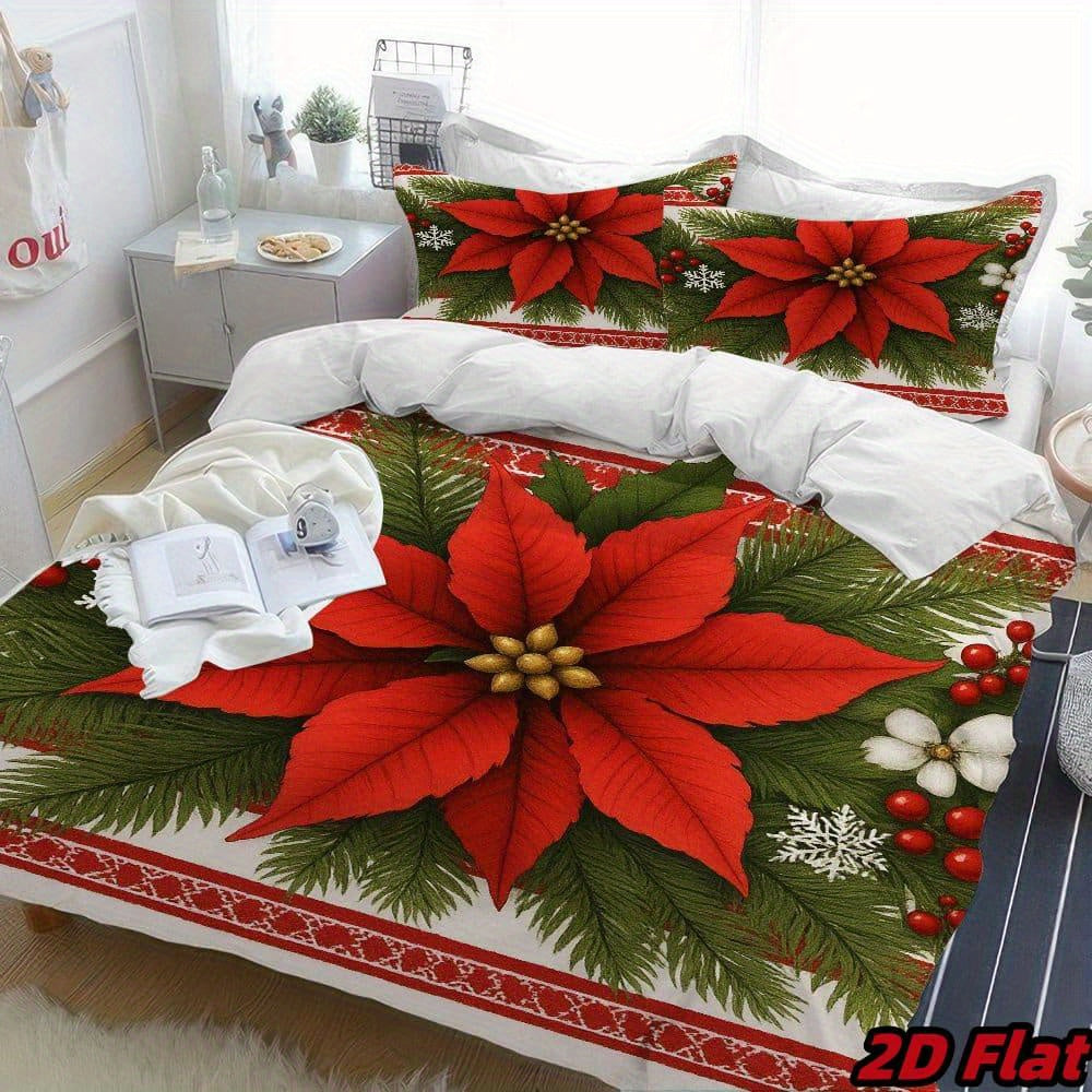 3pcs 2D Flat Christmas Poinsettia Duvet Cover - Red Flower Bedding with Green Pine Branches, Snowflake Pattern, Soft Breathable Polyester, Winter Holiday Bedroom Decor, All-Season 100% fiber fabric 1 Duvet Cover + 2 Pillowcas