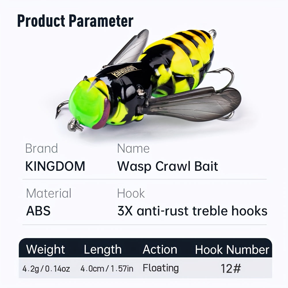 4pcs KINGDOM Floating Fishing Lures - Heavy-Duty ABS Hard Bass Bugs with Treble Hooks, Floating Fishing Baits in Orange/Black, Pink/Black, Yellow-Green/Purple - for Bass, Trout, Freshwater & Saltwater - Ideal for Beginners &