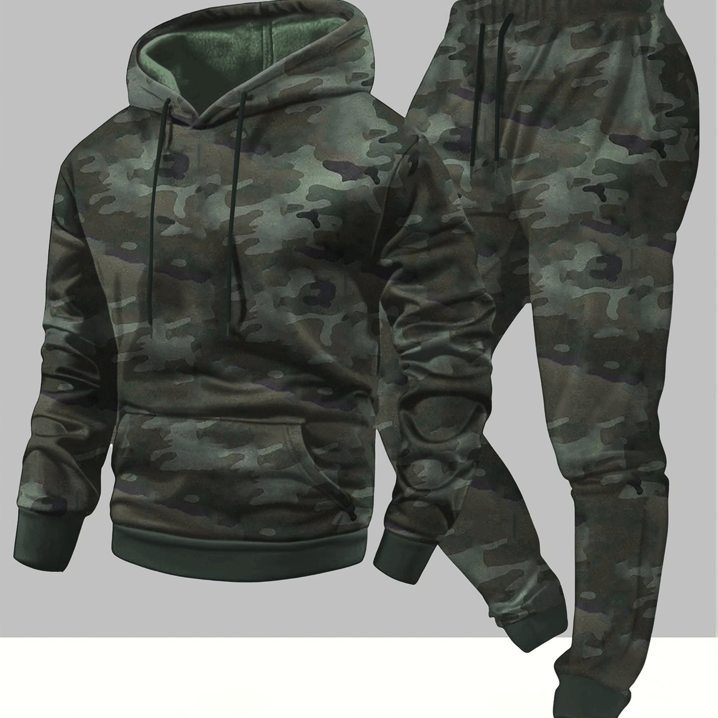 A Set of Two Men'S Casual Hooded Sweatshirts with a Camouflage Design And Kangaroo Pockets, Along with Matching Sports Trousers, Ideal for Streetwear, Outdoor Activities, Hiking, Fitness, Training, Vacations, Parties, Gifts,