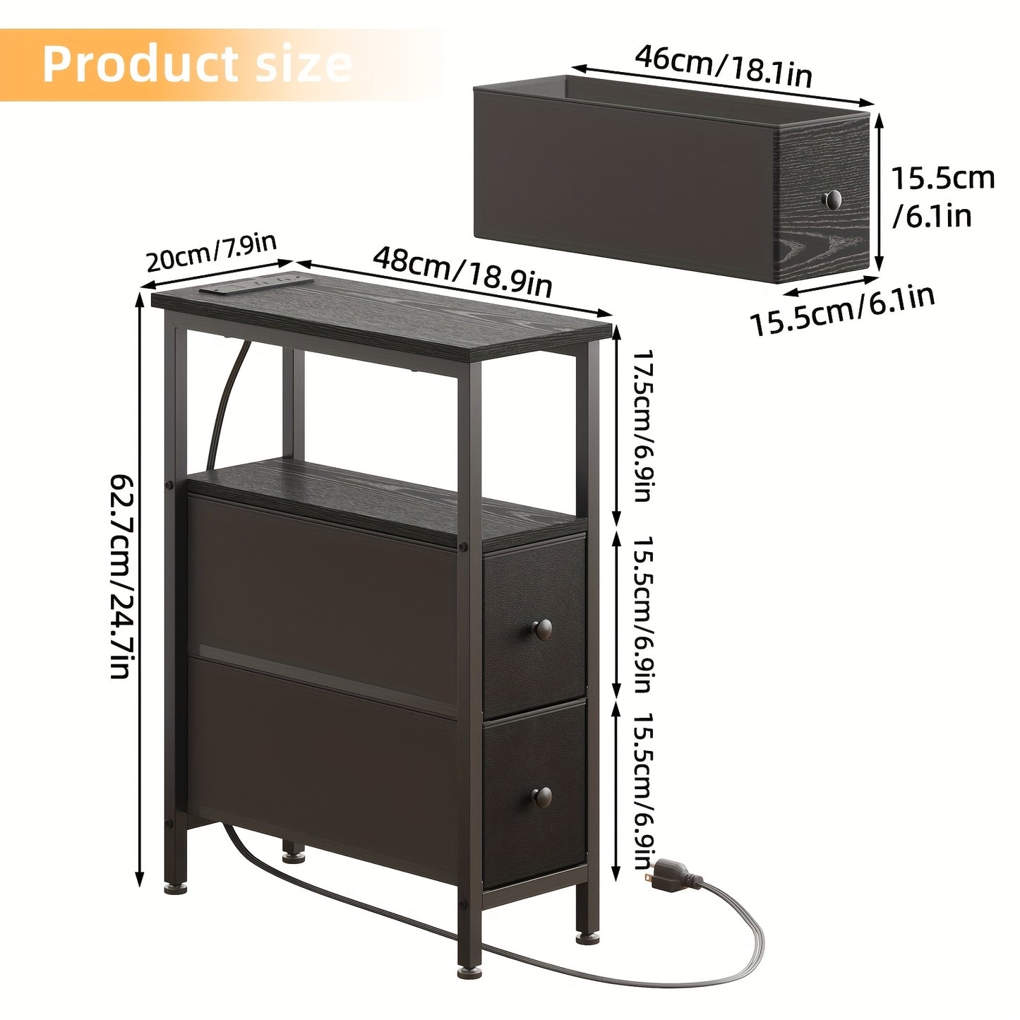 WHONLINE 1pc/2pcs Narrow Night Stand With Charging Station, End Table, Narrow Side Table With 1/2 Fabric Drawers, Skinny Nightstand With Storage, For Living Room, Small Spaces, School And Dormitory Storage, Brown And Black, F