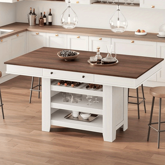 60" Farmhouse Style Counter Height Dining Table for 4 - Rectangular Tall Bar Table with Deepened Wine Rack & Shelves, Rustic White & Brown Finish, Perfect for Kitchen, Bar, or Dining Room, Kitchen Dining Table, Vintage Farmho