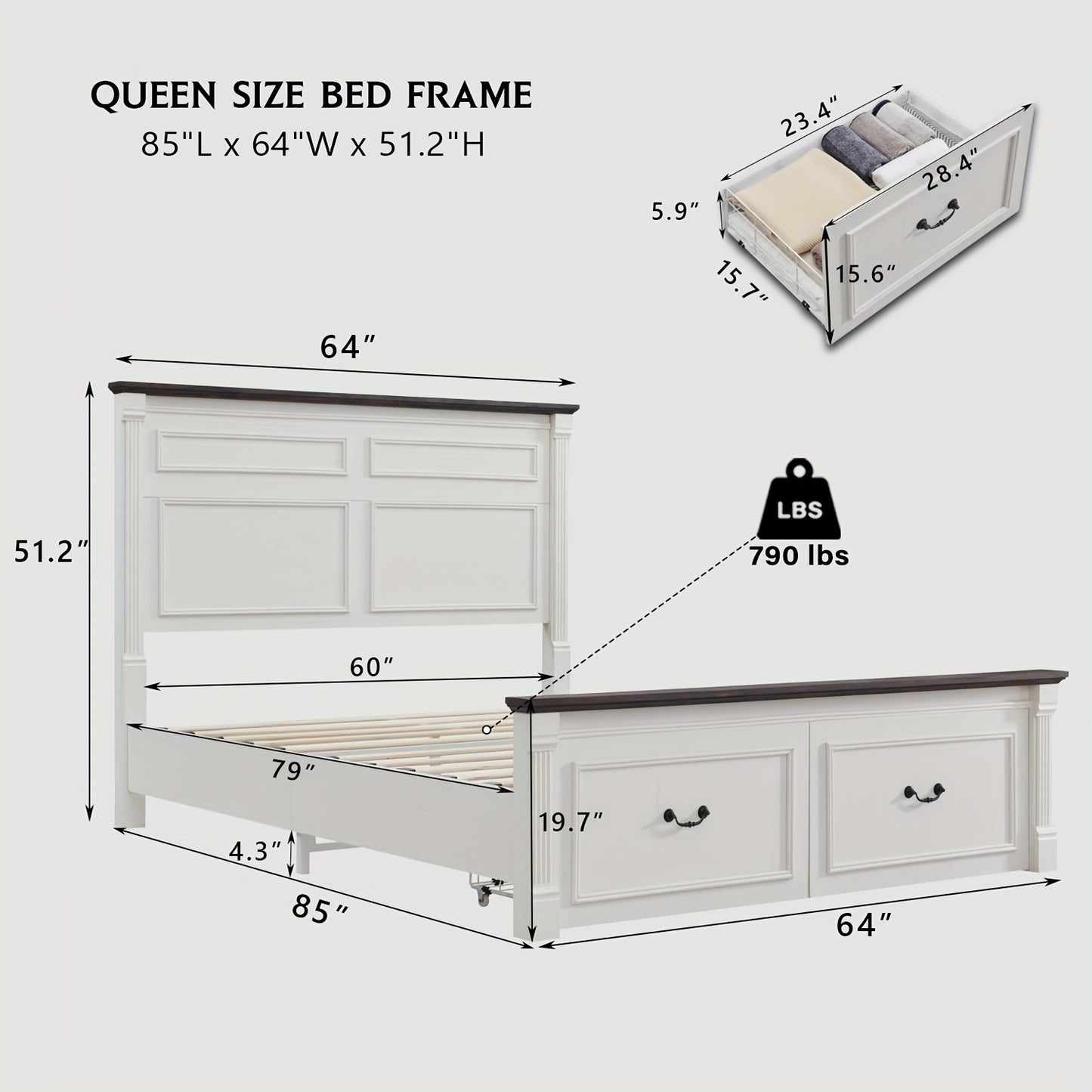 Farmhouse King/ Queen/ Full Size Bed Frame with Tall Headboard, Wood Platform Bed Frame with 20" Tall Roman Column Decoration Footboard & 3 Large Storage Drawers, No Box Spring Needed