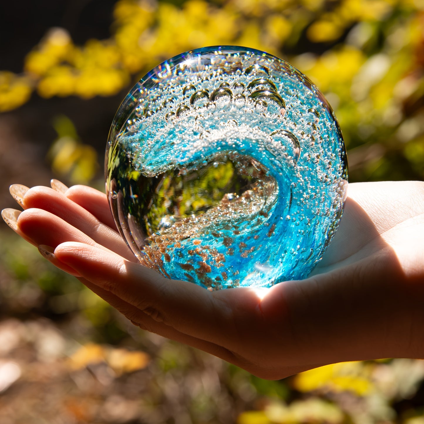 KANGMING Ocean Style Handmade Blown Glass Wave Paperweight, a Small Decorative Statue for Home Collection, Handcrafted Art Ornament, Collectible Souvenir, Blending Sky Blue with Golden Sand (8 Cm / 3.15 Inches / 700 Grams / 1