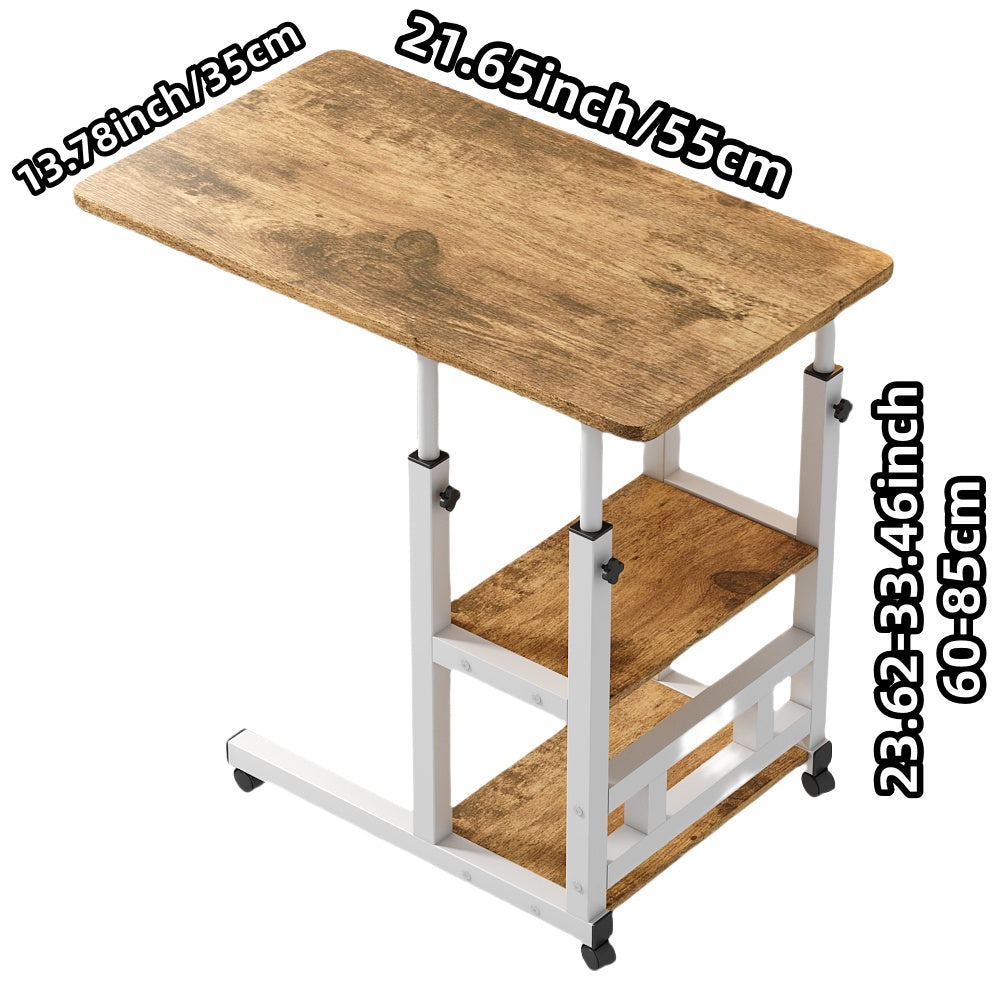 Height Adjustable Rolling Table with Storage Shelves - Heavy-Duty Wood/Metal Construction, Modern Mobile Desk with Casters, Space-Saving Design for Home Office, Bedside, Laptop Workstation & Small Spaces - Easy Assembly, Engi