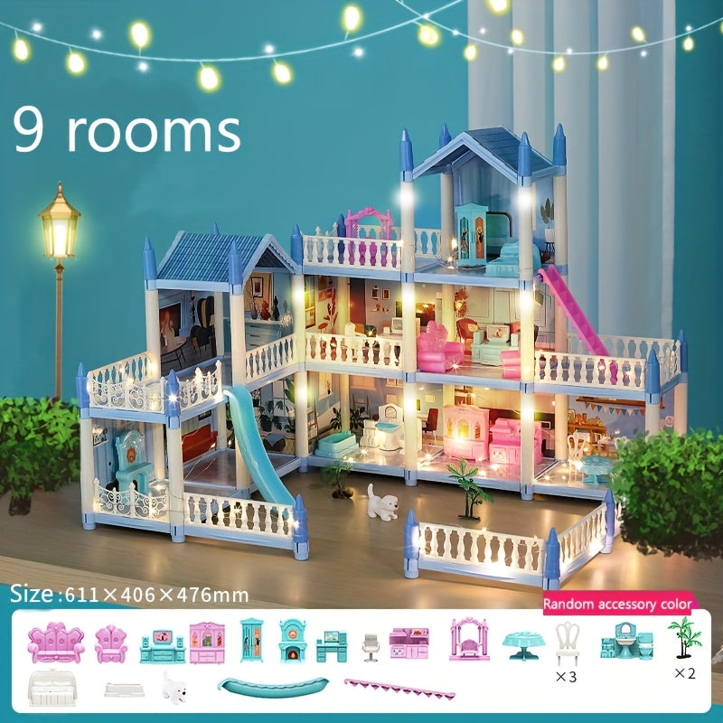 Doll House, Dollhouse for Girls Pretend-Play DIY Dollhouse Kit - 4-Story 11 Rooms Playhouse with 4 Dolls Toy Figures, Furniture And Accessories Set Gift Toy for Kids Ages 3 4 5 6 7 8+