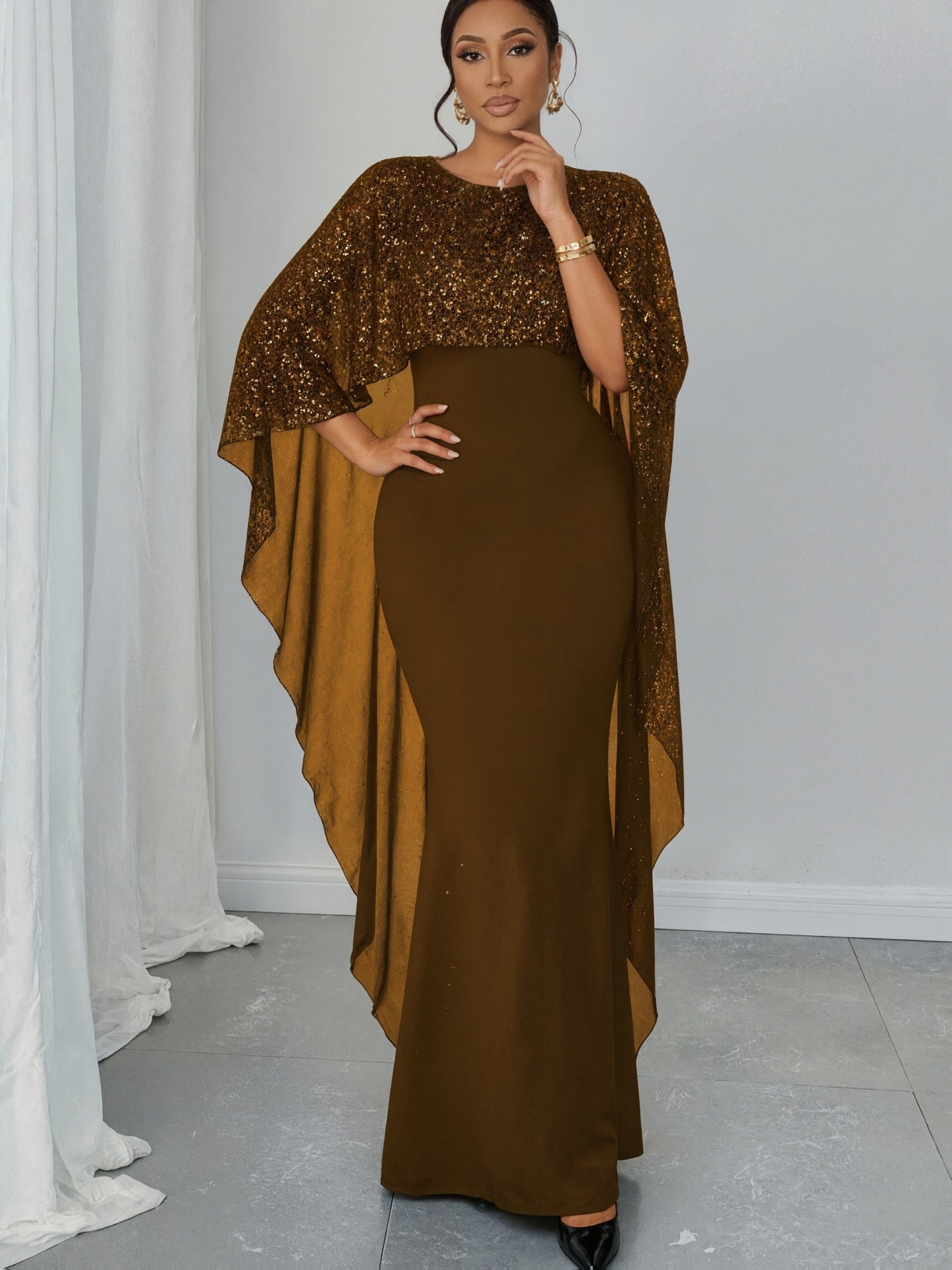 Plus Size - Plus Size - Women'S Elegant Dress with Star-Speckled Cape Sleeves - Stretchy Summer Party & Formal Attire, Plus Size Fitted Top & Flowy Skirt, Machine Washable, Elegant Outfit | Flowy Skirt Gown | Sleek Black Dres