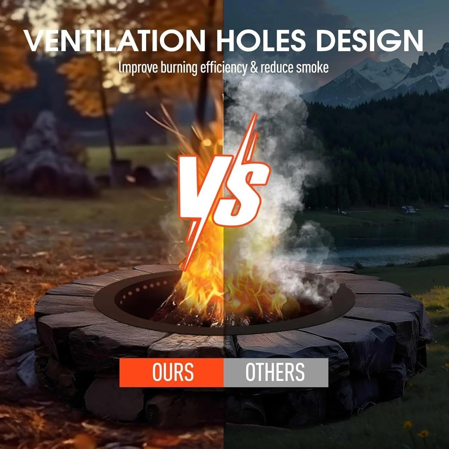 36 Inch Carbon Steel Outdoor Fire Pit with Smokeless Design and Ventilation Holes, Round Garden Campfire Ring Perfect for Burning Firewood and DIY Use
