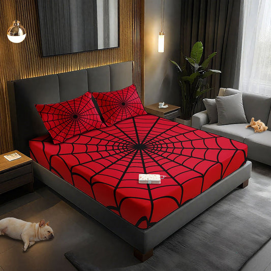 1pc Fitted Sheet + 2pcs Pillowcases Room Decor Mattress Protector Fitted Sheet Set Bedding Set Spider Web Red Pattern Mattress Cover Goth Boho Mattress ProtectorWithout CoreHalloween Christmas Decorations, Bed Accessories, Wi