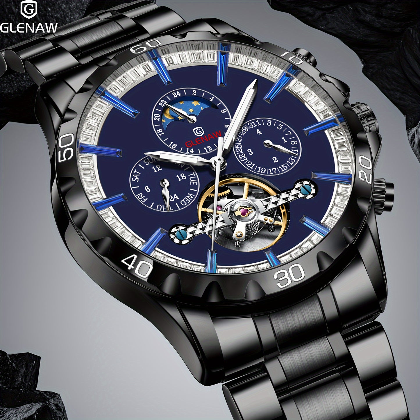 Automatic Men's Watch With Stainless Steel Strap, Multifunctional Men's Watch With Hollow Automatic Winding Mechanical Watch, Displaying Date, Day Of The Week, Month, And Stars.