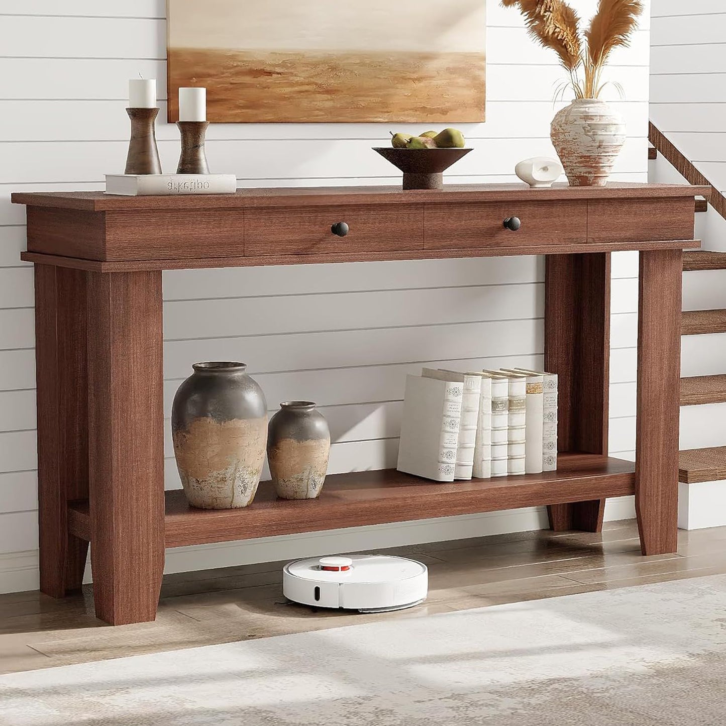 54-inch Solid/ Console Table with Drawers & Open Shelf - Modern Farmhouse Sofa Table Suitable for Entryway, Hallway, Living Room, Foyer - Sturdy Entry Table with Storage, Assembly Required for Narrow Hallways and Wide Spaces