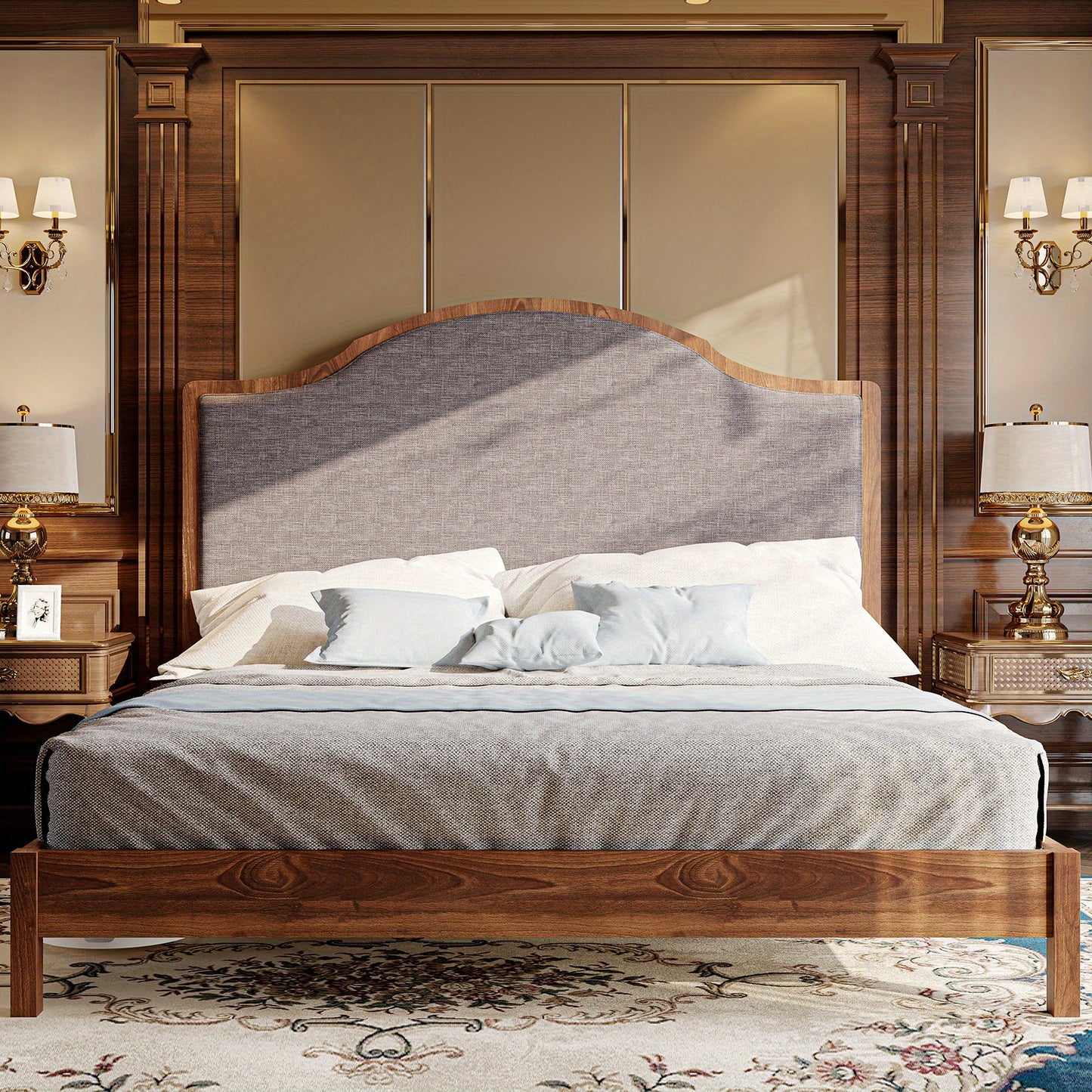 PAPABABE Solid Wood Platform Bed Frame with Upholstered Curved Headboard, Wood Slat Support, No Box Spring Required