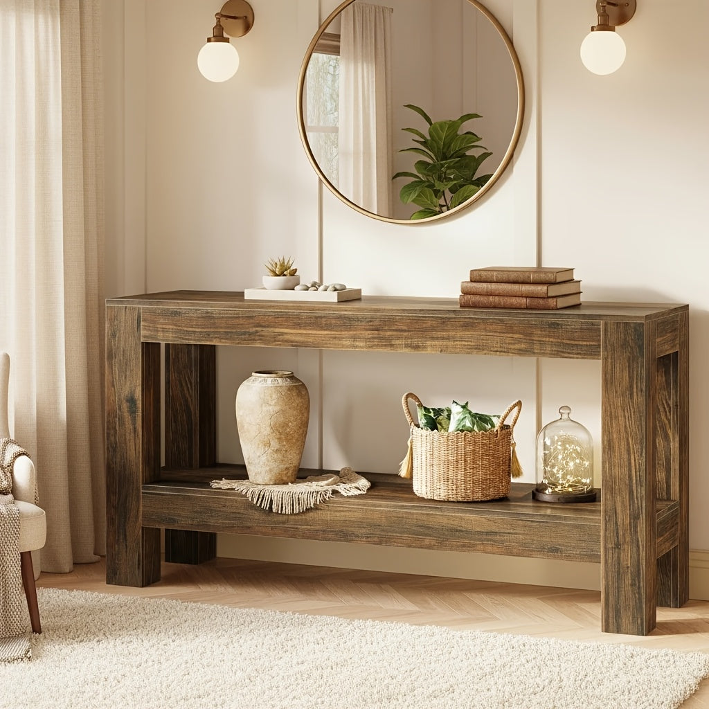 63-Inch Narrow Long Console Table | Farmhouse Wood Entryway Table For Hallway, Sofa, Entry, Entrance, Foyer, Behind Couch With 2-Tier Shelves, Brown, Byblight