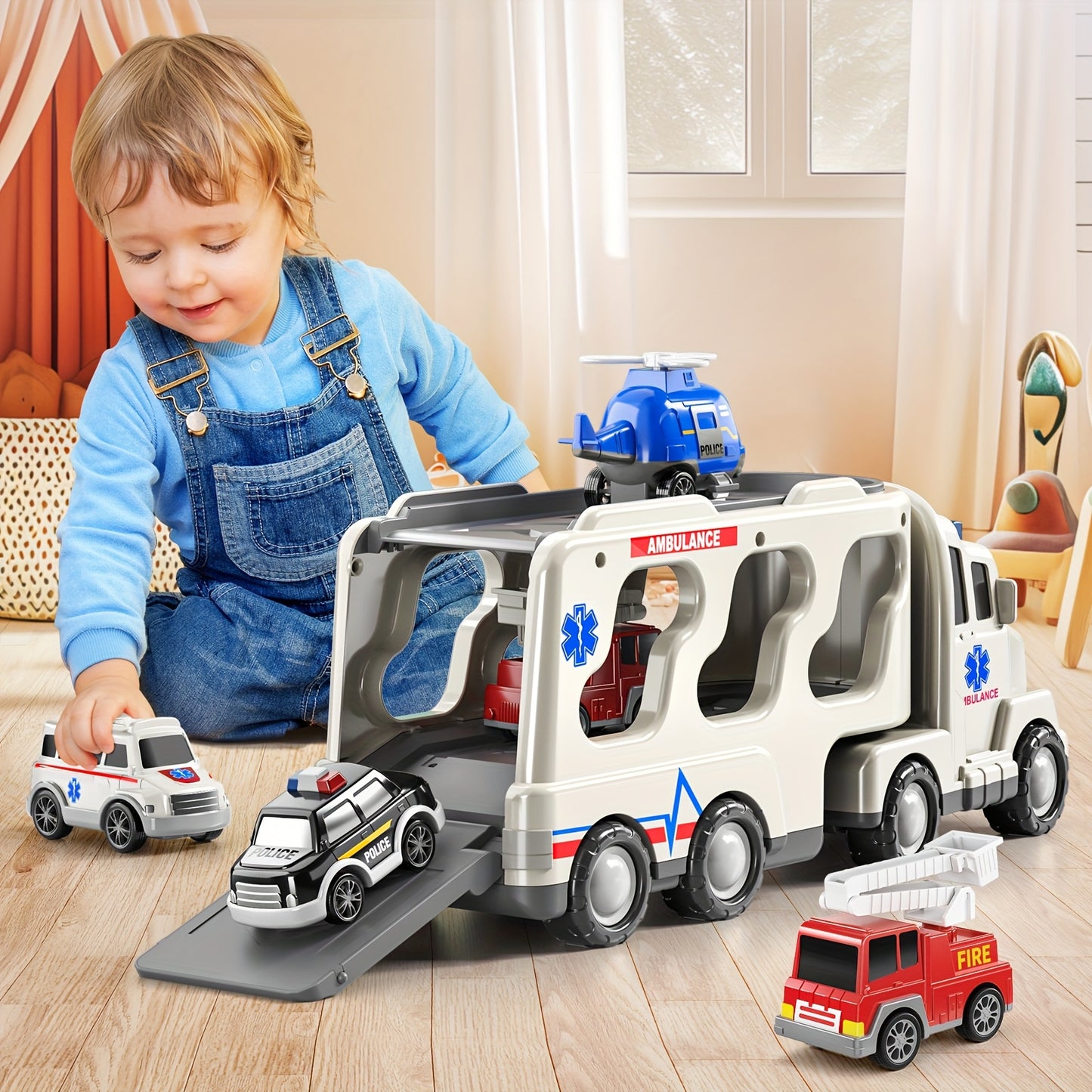 Babyhome Ambulance Truck 5 in 1 with Lighting & Sound, Friction Power Vehicle, Rescue Helicopter, Police Car, Fire Truck, Ambulance, Christmas, Birthday Gift, Interactive Toy Combination Toy Car