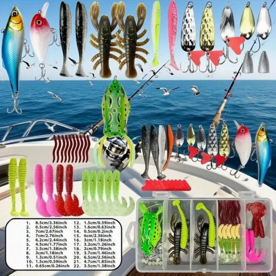 fanyishu Popular - Professional Bass Fishing Lure Set | 109pcs Kit, Includes Treble Hooks, Soft Baits, Plastic Worms, Sinkers, and Fish Hooks Suitable for Saltwater