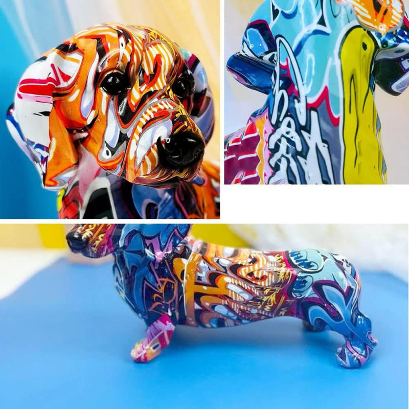 A Decorative Sculpture of a Dachshund Dog, Designed As Graffiti Art, Perfect for Enhancing The Aesthetic of Your Living Room, Bedroom, Bookshelf, TV Cabinet, Or Desk. It Serves As a Charming Centerpiece Or Ornament