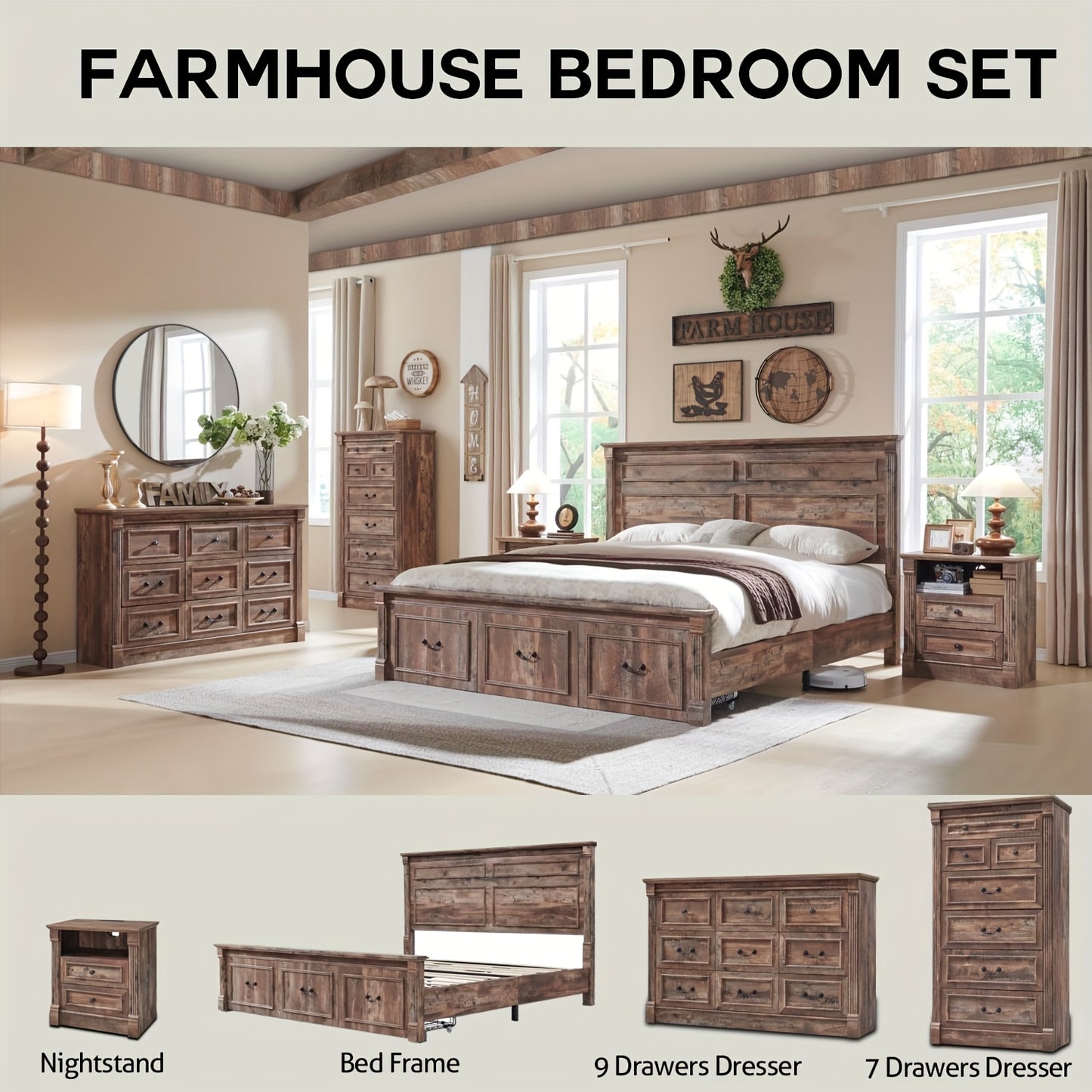 [8-Drawer Wood Chest] Farmhouse 8 Drawers Dresser, 61" Wide Wood Chest Large Storage Dressers W/Roman Column for Bedroom, Hallway | Wooden Decor, Hallway Furniture, Bedroom Storage, Rustic Decor, Classic Design, Durable Craft