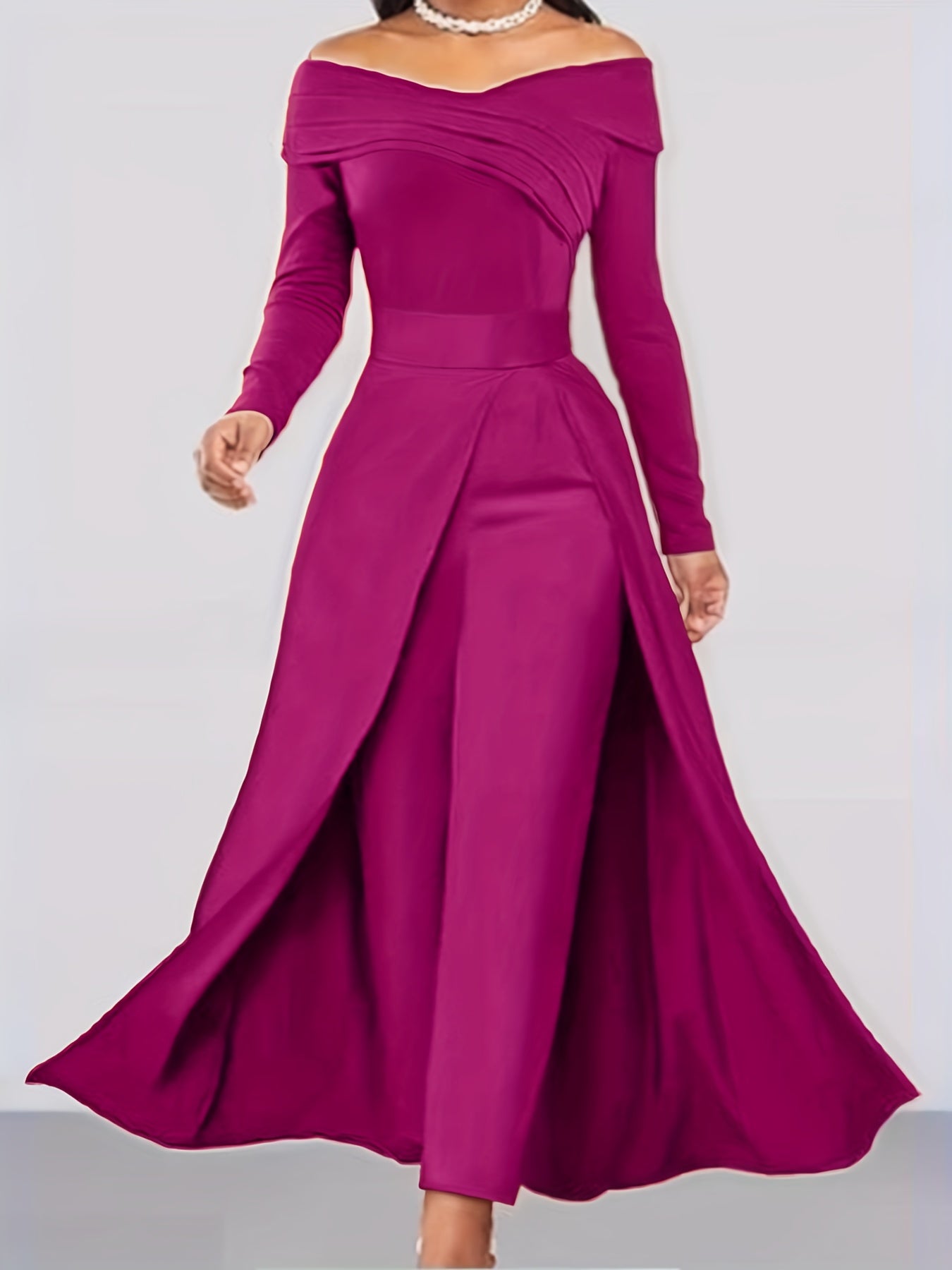 Women's Elegant Off-Shoulder/Boat Neck Two-Piece Set - Solid Color Beige/Black/Navy Blue Tailored Pantsuit, Structured Blazer & Matching Trousers, Machine Washable Autumn to Semi-Formal Attire (No Dry Clean)