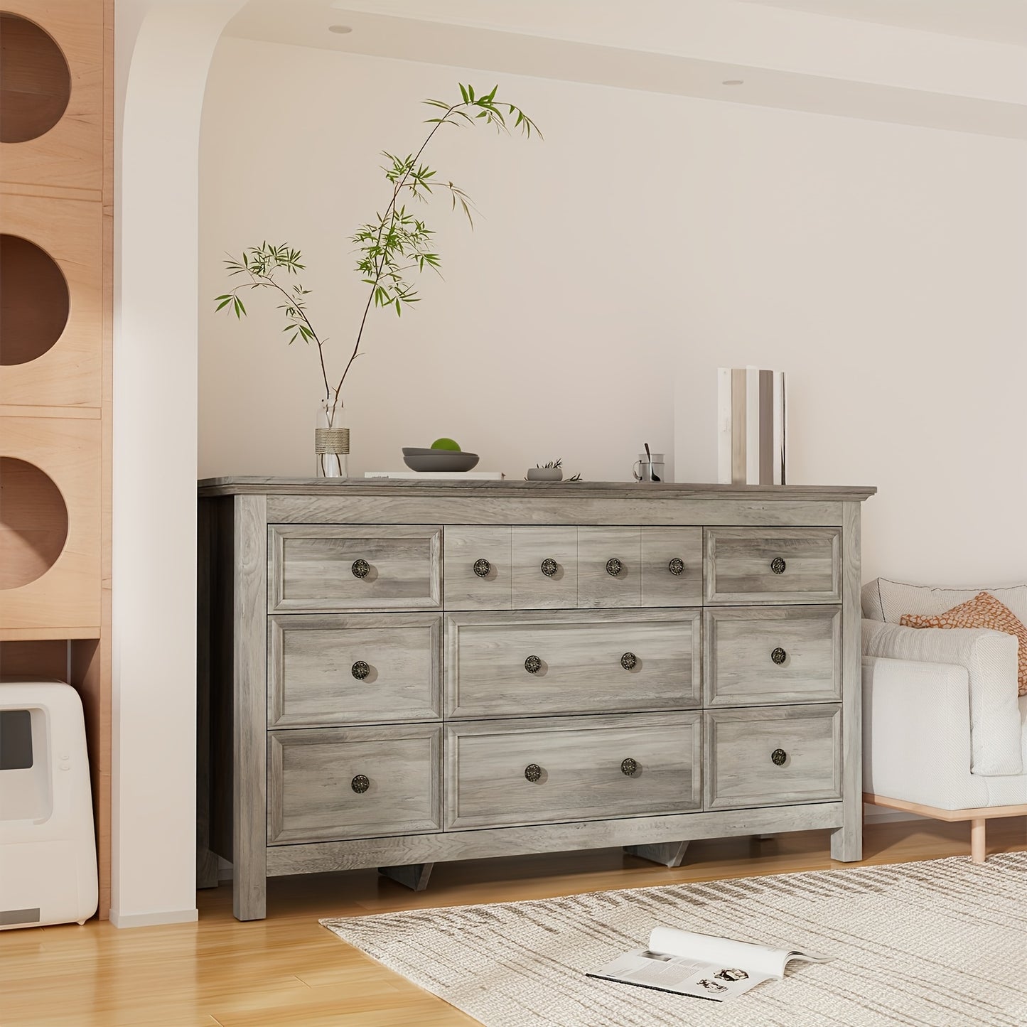 9 Drawers Dresser For Bedroom, 58.3" Wide Wood Farmhouse Rustic Chest Of Drawers With Natural Texture, Smooth Metal Rail, Strong Drawer Bottom Support, Storage Dressers Organizer For Closets, Living Room, Hallway
