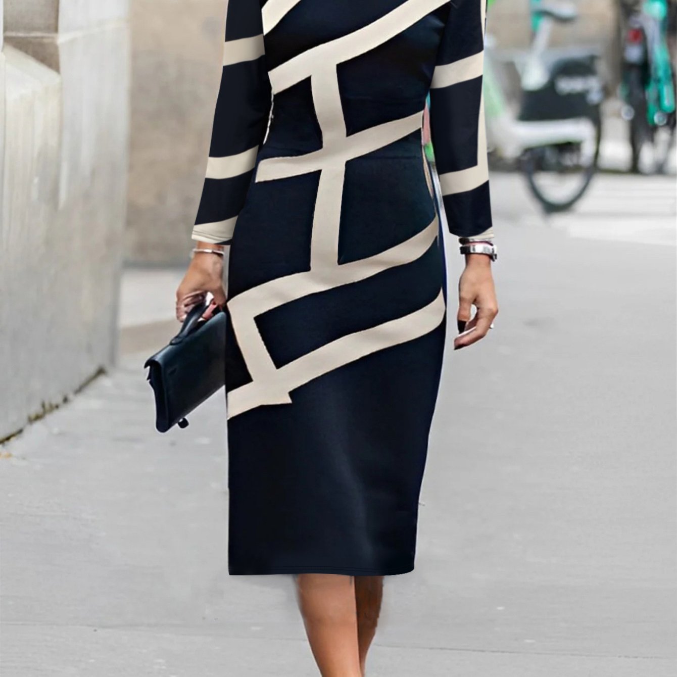 Plus Size - Women'S Plus Size Elegant Striped Midi Dress - Navy Blue & Beige Round Neck Long Sleeve, Machine Washable, Perfect for Office to Casual Spring/Autumn Wear, Formal Attire, Chic Fashion, Formal Attire | Chic Striped