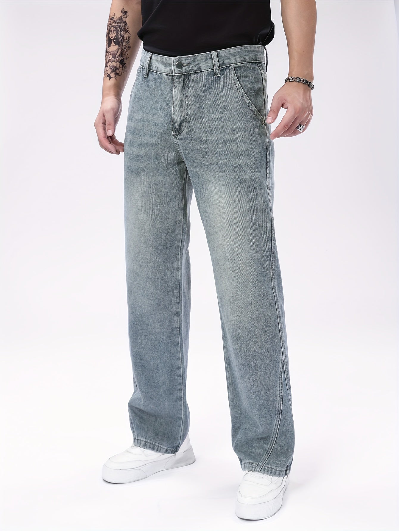 Men's Heavyweight 100% Denim Straight-Leg Jeans - Light Wash Vintage Look, All-Season Comfort, Classic Five-Pocket Design (Kangaroo Pocket & Cuffed Hem) - Casual & Formal Wear, Machine Washable - Navy Blue Bicycle Style Trous